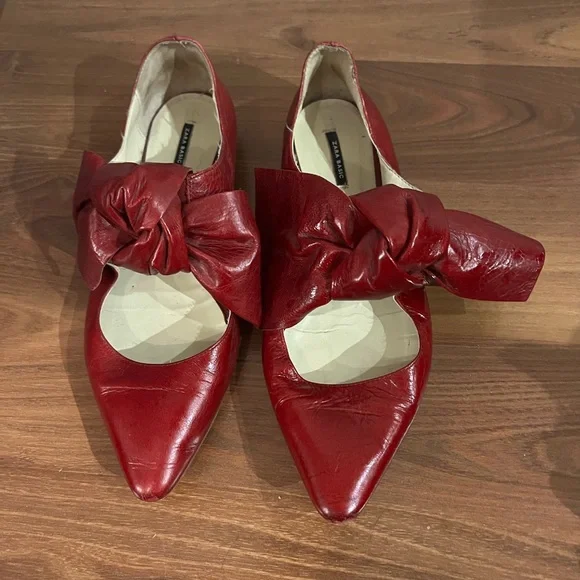 Zara Red Leather Bow Flats - Picture 3 of 8